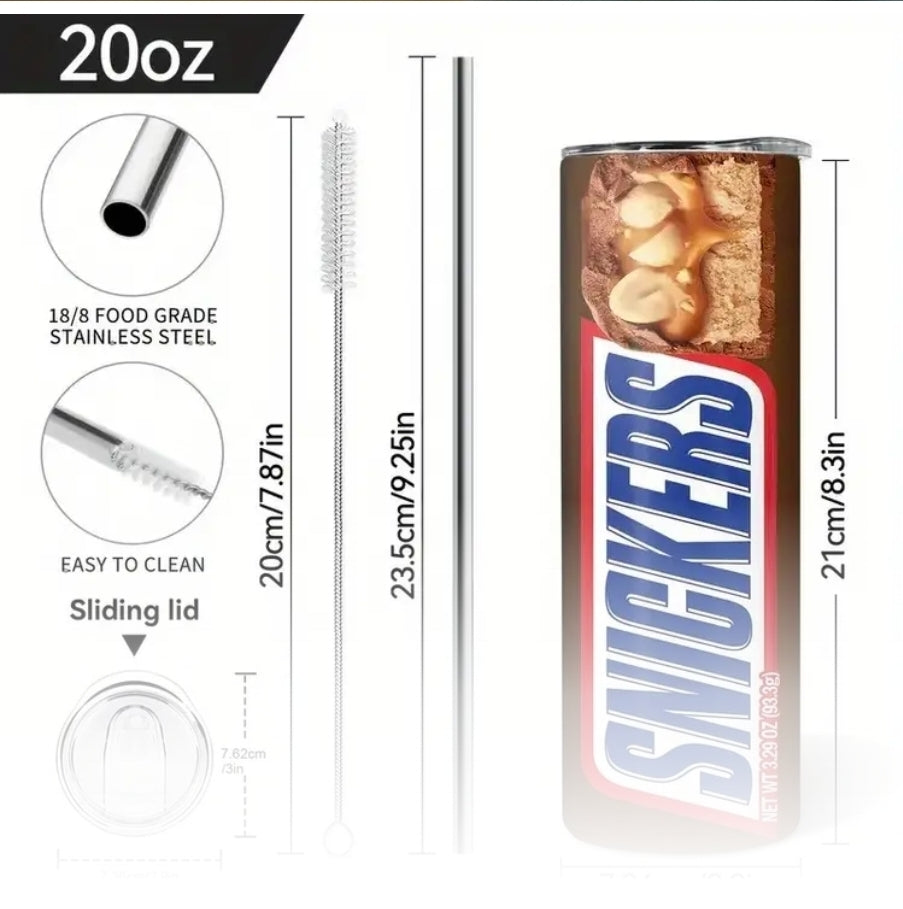 Snickers Stainless Steel Tumbler with Lid and Straw – Reusable & Non-Slip