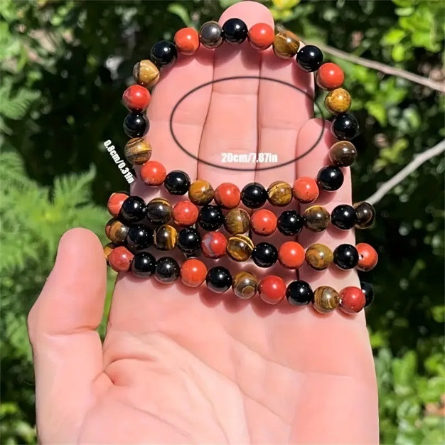 8mm Red Garnet, Tiger Eye & Obsidian Bead Elastic Bracelet - Triple Protection Meditation for Women & Men
