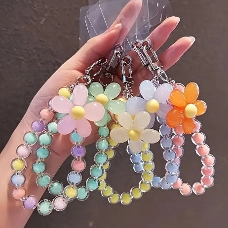 Fashionable Macaron Color Bead Petal Mobile Phone Lanyard Style Handmade String Mobile Phone Chain Wristband