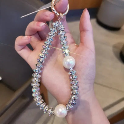 Crystal Pearl Phone Lanyard- Adjustable Golden Ring Wrist Strap for Women, Multifunctional