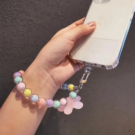 Fashionable Macaron Color Bead Petal Mobile Phone Lanyard Style Handmade String Mobile Phone Chain Wristband