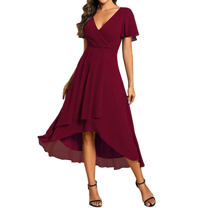 Women's Solid Color And V-neck Ruffled Short Sleeves Chiffon Dress