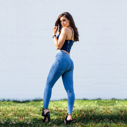 Shascullfites Shaper Set Light Blue Lift Jeggings Sets High Waist Jeans Crop Top Two Piece Sets Womens Outifits