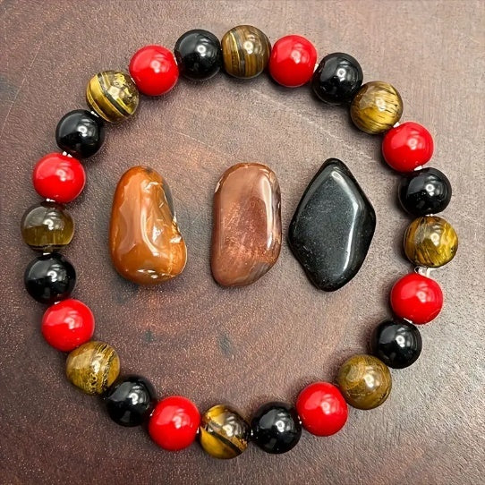8mm Red Garnet, Tiger Eye &amp; Obsidian Bead Elastic Bracelet - Triple Protection Meditation for Women &amp; Men