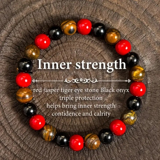 8mm Red Garnet, Tiger Eye &amp; Obsidian Bead Elastic Bracelet - Triple Protection Meditation for Women &amp; Men