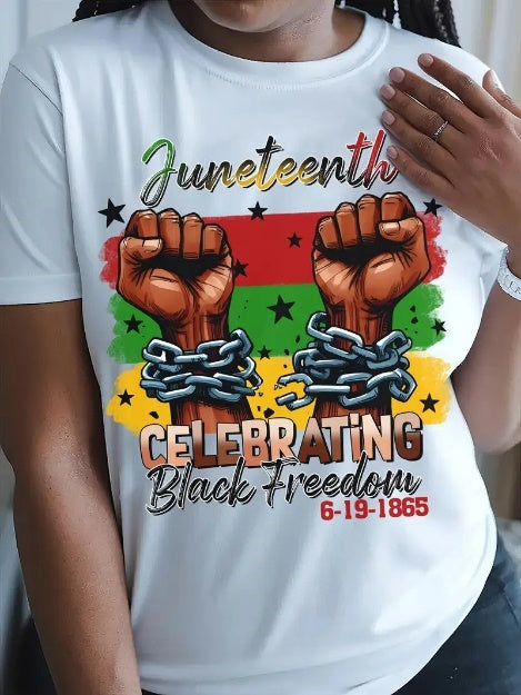 Juneteenth 1865 Inspired Black Woman Afro Messy Bun Graphic T-Shirt, 100% Cotton Crew Neck Tee, Casual Style, Medium Stretch Knit Fabric, Solid Color, Regular Fit