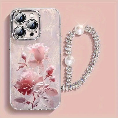 Crystal Pearl Phone Lanyard- Adjustable Golden Ring Wrist Strap for Women, Multifunctional