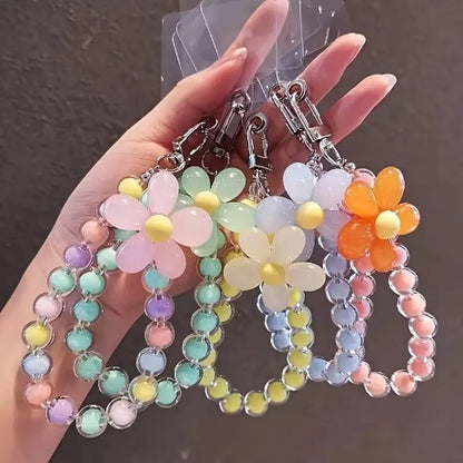 Fashionable Macaron Color Bead Petal Mobile Phone Lanyard Style Handmade String Mobile Phone Chain Wristband